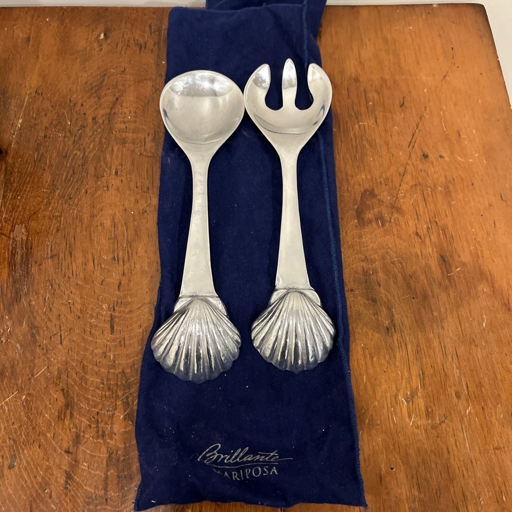 VINTAGE SILVERTONE MARIPOSA SALAD FORK & SPOON SERVING SET SEASHELL SHELL ENDS